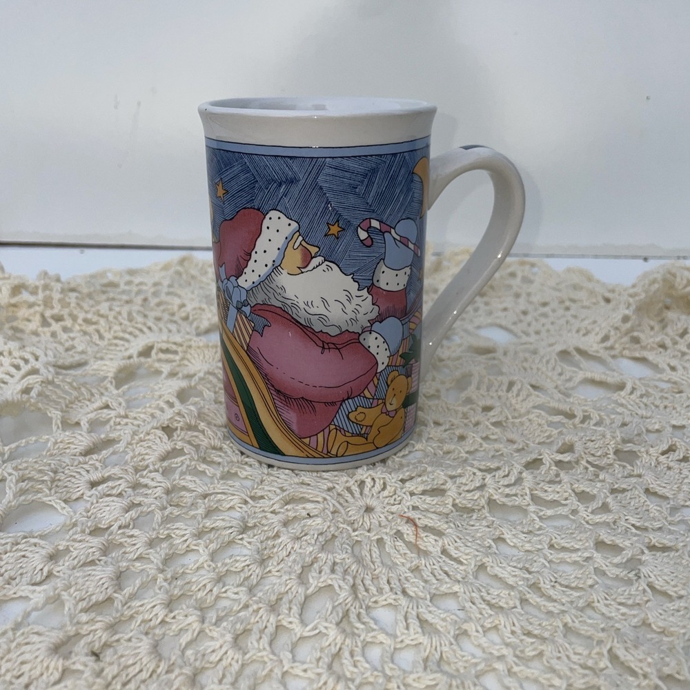 Vintage Susan Winget Night Before Christmas Mug Santa Reindeer Sleigh Rooftop
